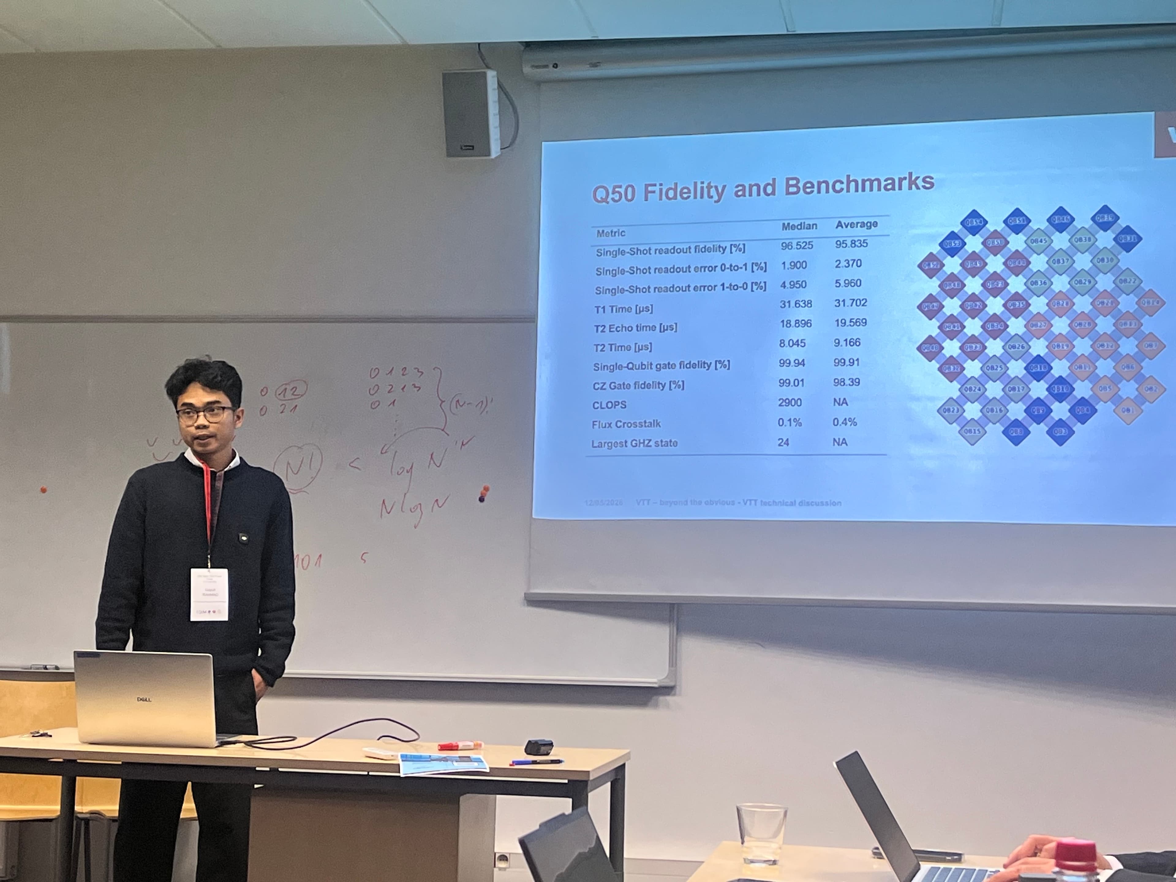 Gayuh presenting Q50 fidelity and benchmarks at a VTT technical discussion
